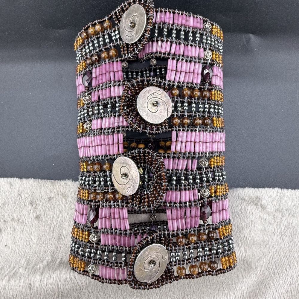 Estate Beaded Cuff Bracelet Pink Silver Tone Boho Wide 7"